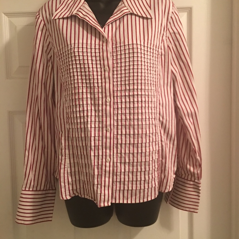 Nice, dressy, maroon and white striped blouse.